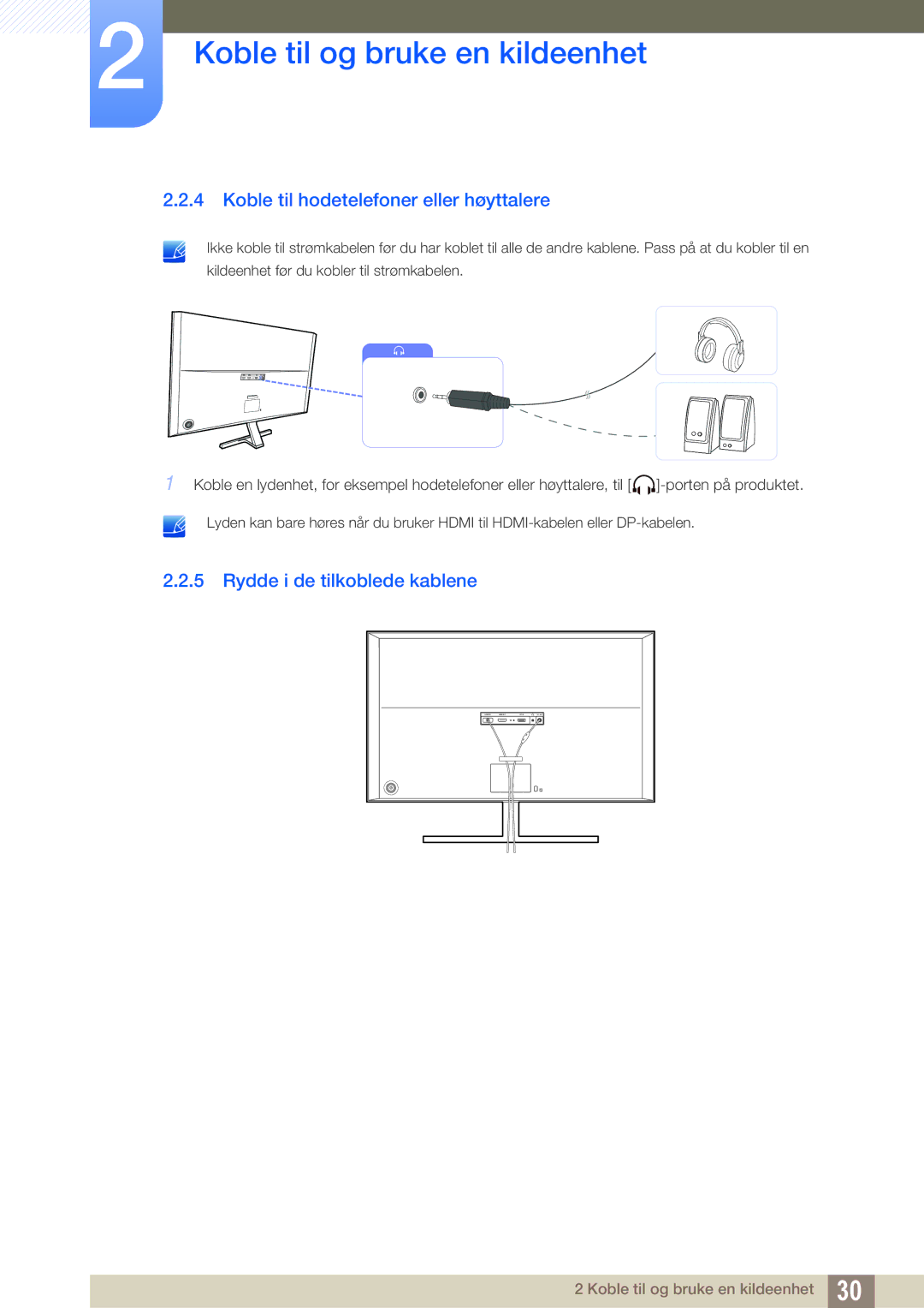 Samsung LU28D590DS/EN manual Koble til hodetelefoner eller høyttalere, Rydde i de tilkoblede kablene 