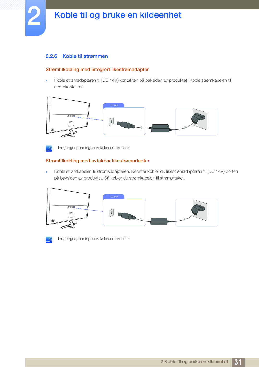 Samsung LU28D590DS/EN manual Koble til strømmen, Strømtilkobling med integrert likestrømadapter 