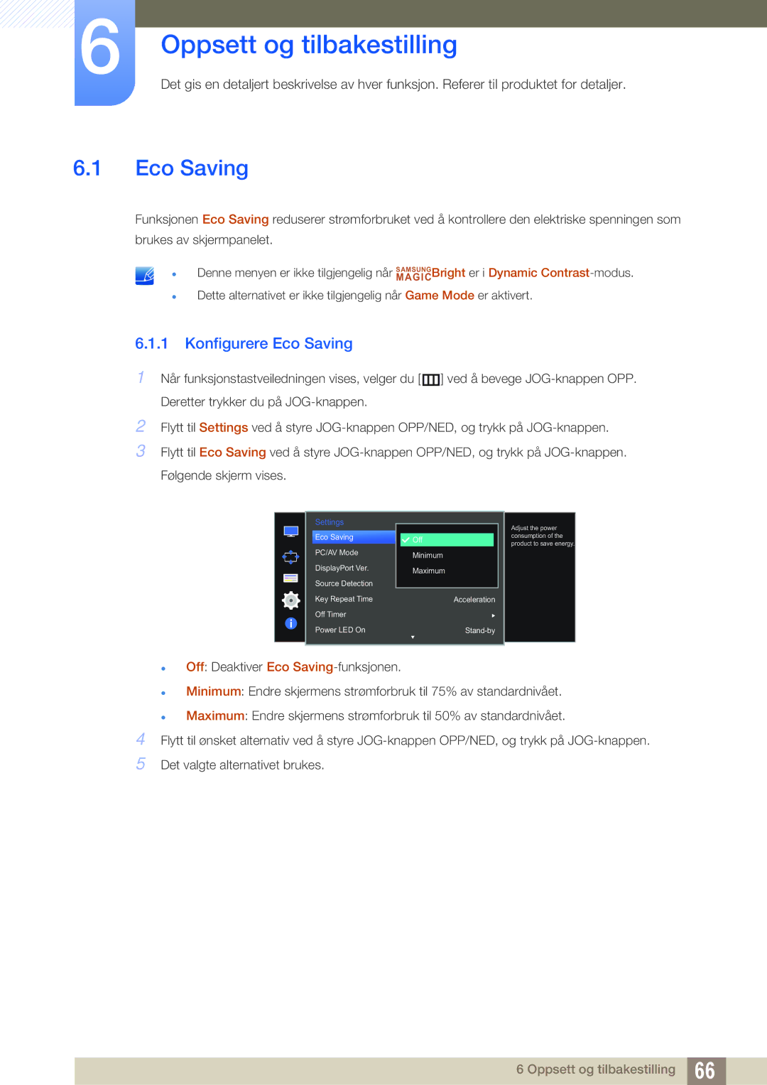 Samsung LU28D590DS/EN manual Oppsett og tilbakestilling, Konfigurere Eco Saving 