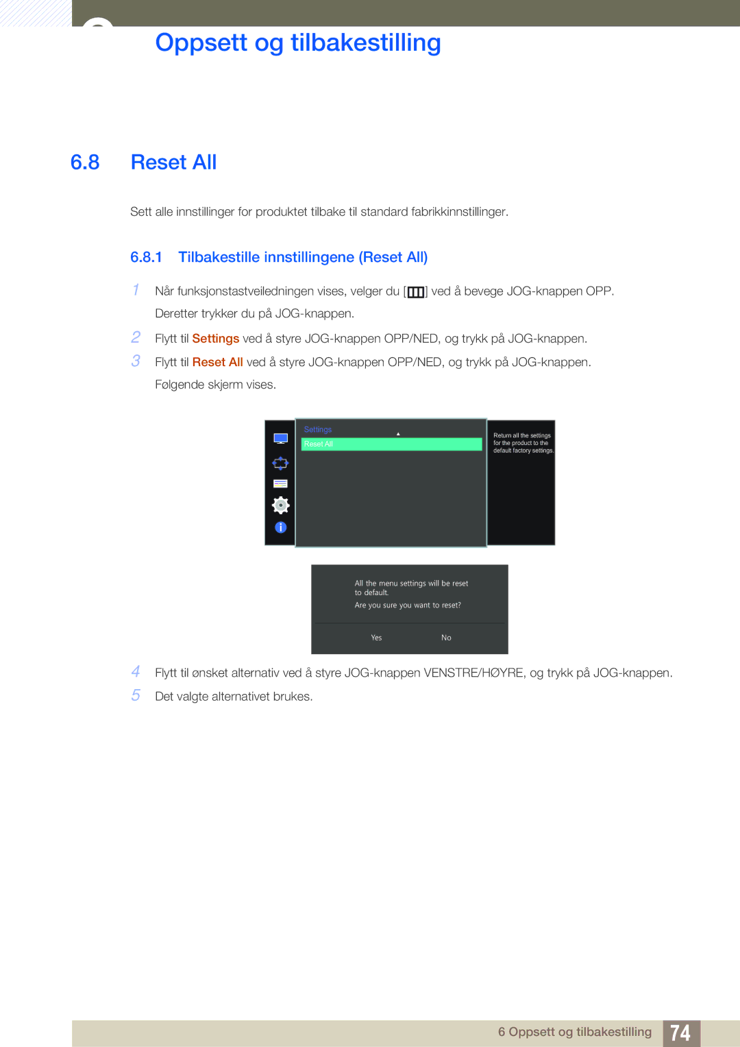 Samsung LU28D590DS/EN manual Tilbakestille innstillingene Reset All 