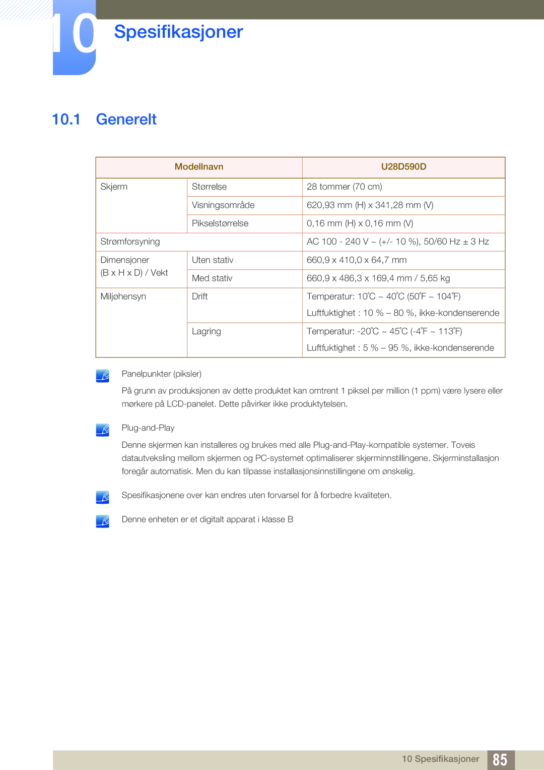 Samsung LU28D590DS/EN manual Spesifikasjoner, Generelt 