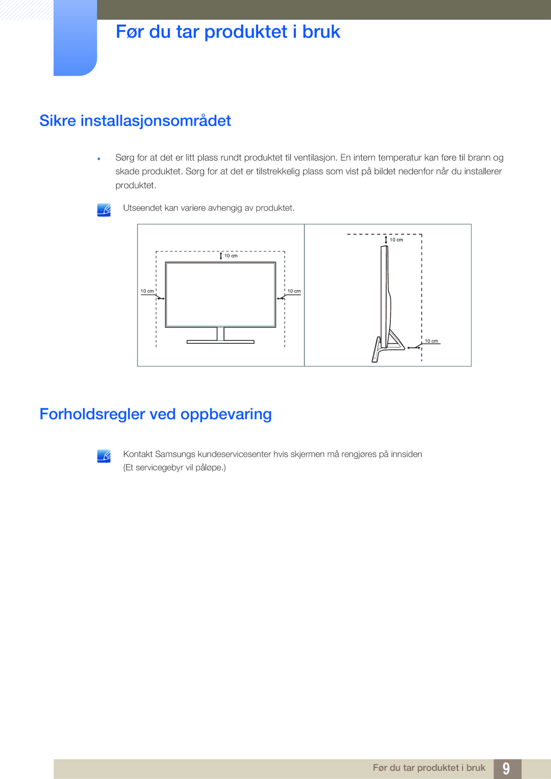 Samsung LU28D590DS/EN manual Sikre installasjonsområdet, Forholdsregler ved oppbevaring 