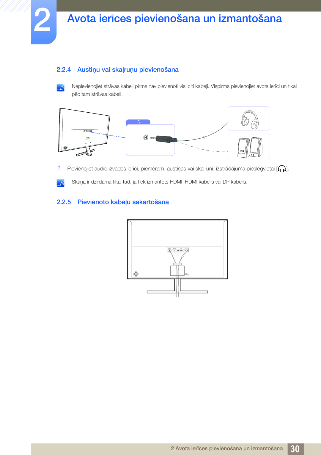 Samsung LU28D590DS/EN manual Austiņu vai skaļruņu pievienošana, Pievienoto kabeļu sakārtošana 