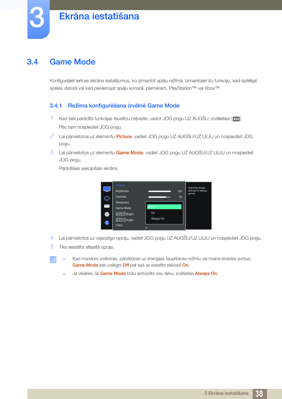 Samsung LU28D590DS/EN manual 1 Režīma konfigurēšana izvēlnē Game Mode 