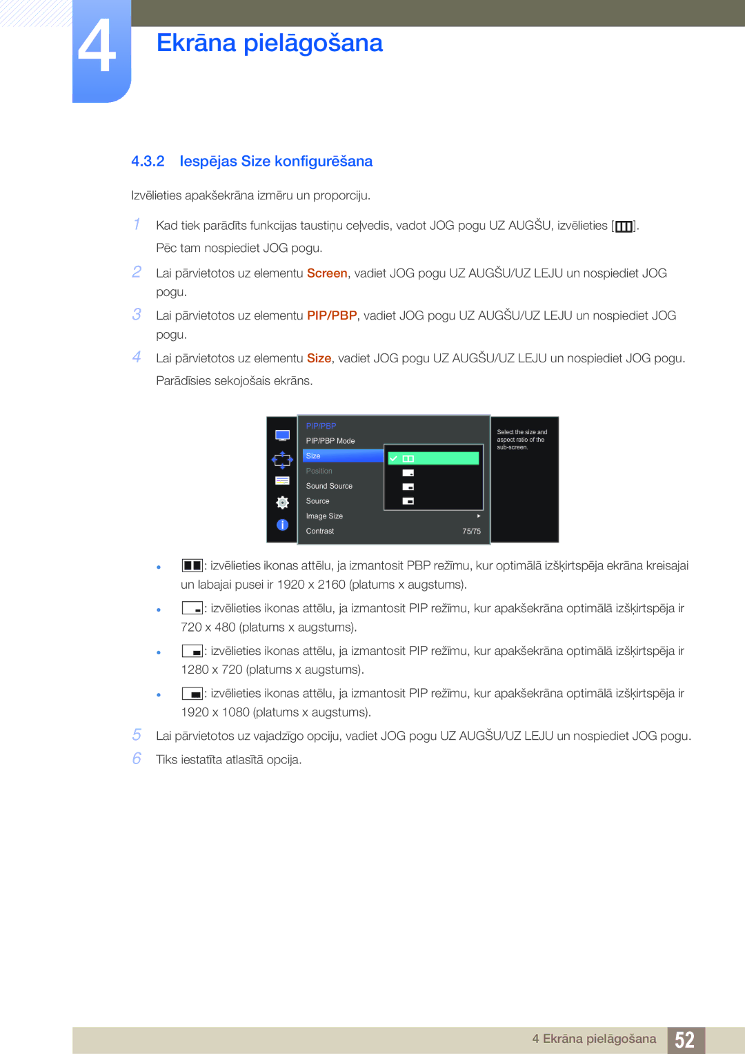 Samsung LU28D590DS/EN manual Iespējas Size konfigurēšana, Pip/Pbp 