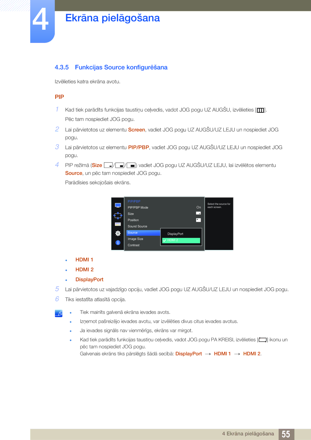 Samsung LU28D590DS/EN manual Funkcijas Source konfigurēšana,  Hdmi  DisplayPort 