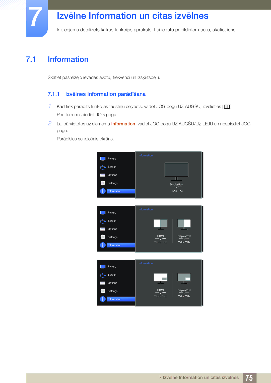 Samsung LU28D590DS/EN manual Izvēlne Information un citas izvēlnes, 1 Izvēlnes Information parādīšana 