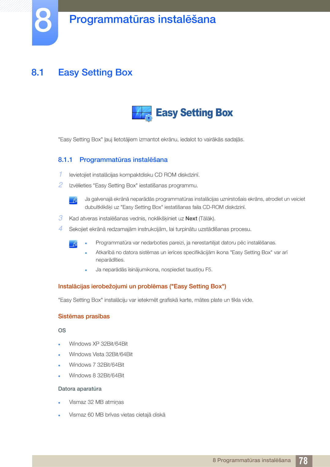 Samsung LU28D590DS/EN manual Programmatūras instalēšana, Easy Setting Box 