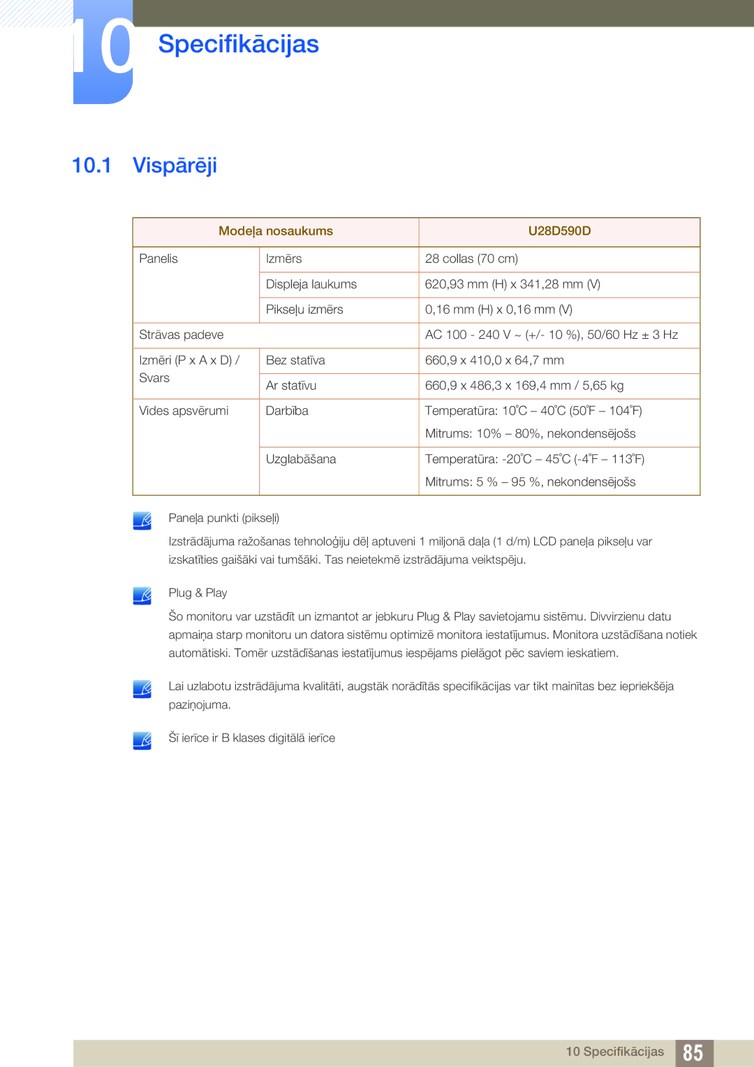 Samsung LU28D590DS/EN manual Specifikācijas, Vispārēji 