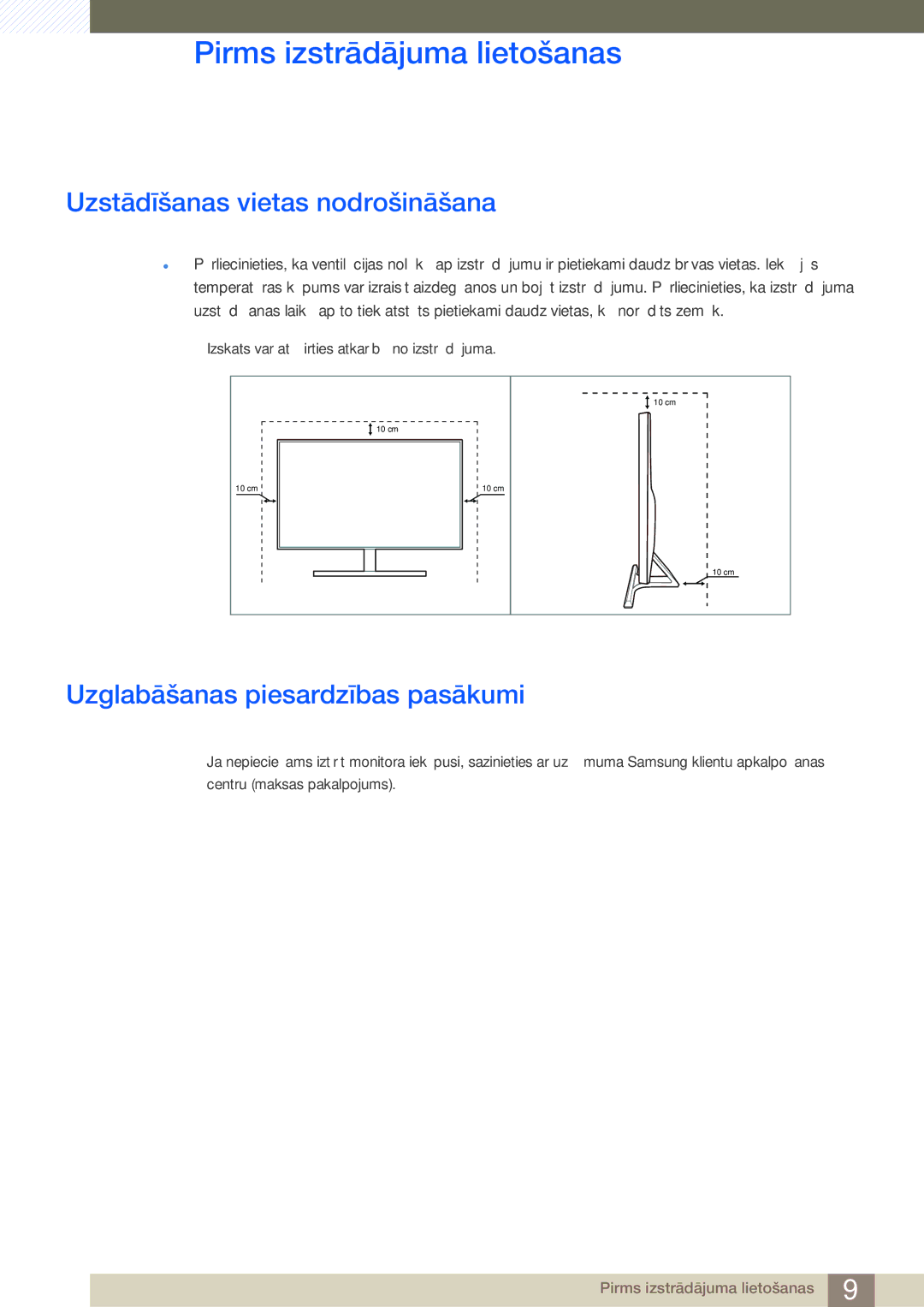 Samsung LU28D590DS/EN manual Uzstādīšanas vietas nodrošināšana, Uzglabāšanas piesardzības pasākumi 