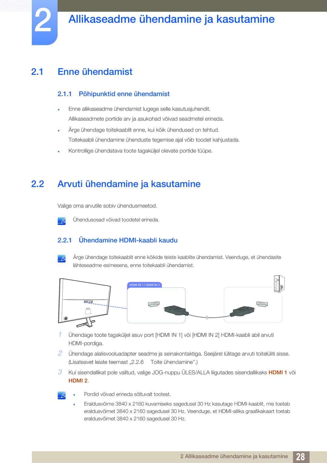 Samsung LU28D590DS/EN manual Allikaseadme ühendamine ja kasutamine, Enne ühendamist, Arvuti ühendamine ja kasutamine 