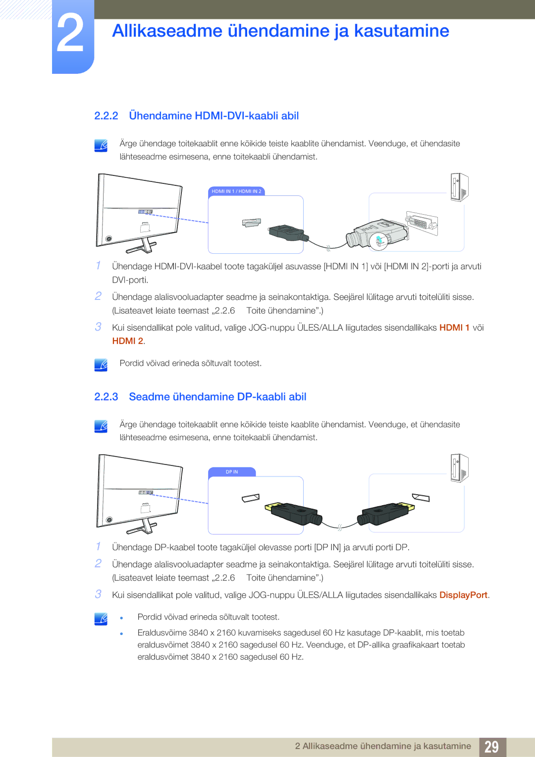 Samsung LU28D590DS/EN manual 2 Ühendamine HDMI-DVI-kaabli abil, Seadme ühendamine DP-kaabli abil 