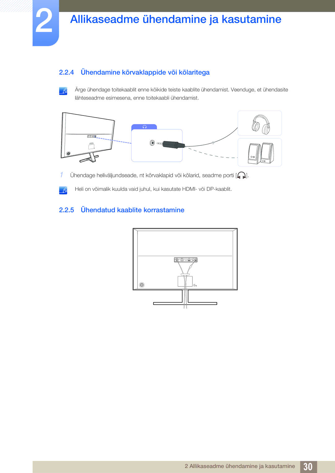 Samsung LU28D590DS/EN manual 4 Ühendamine kõrvaklappide või kõlaritega, 5 Ühendatud kaablite korrastamine 