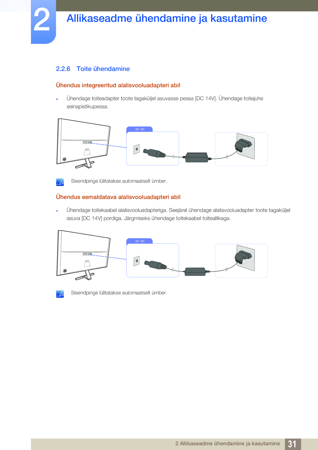 Samsung LU28D590DS/EN manual Toite ühendamine, Ühendus integreeritud alalisvooluadapteri abil 