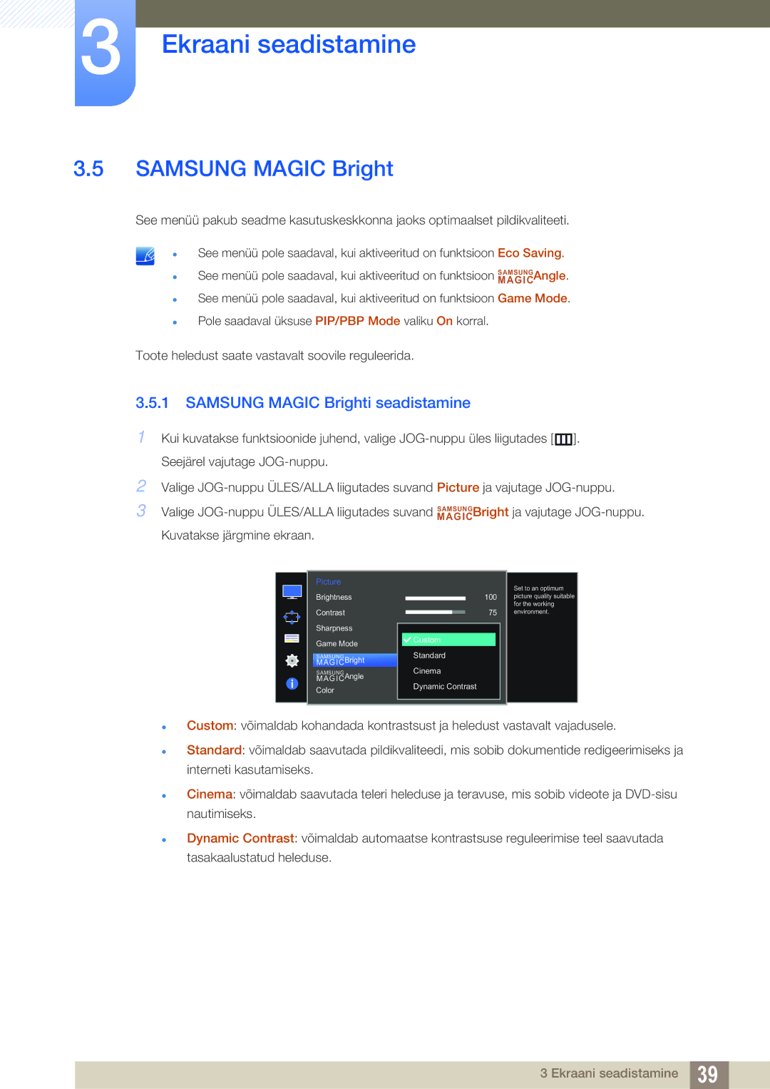 Samsung LU28D590DS/EN manual Samsung Magic Brighti seadistamine 