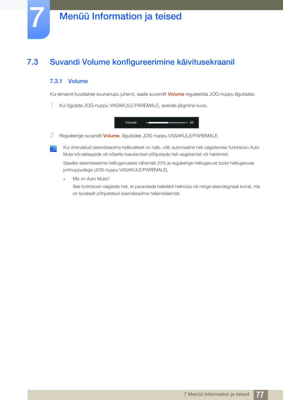 Samsung LU28D590DS/EN manual Suvandi Volume konfigureerimine käivitusekraanil 