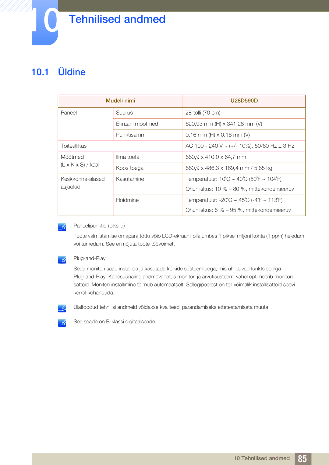 Samsung LU28D590DS/EN manual Tehnilised andmed, 10.1 Üldine 