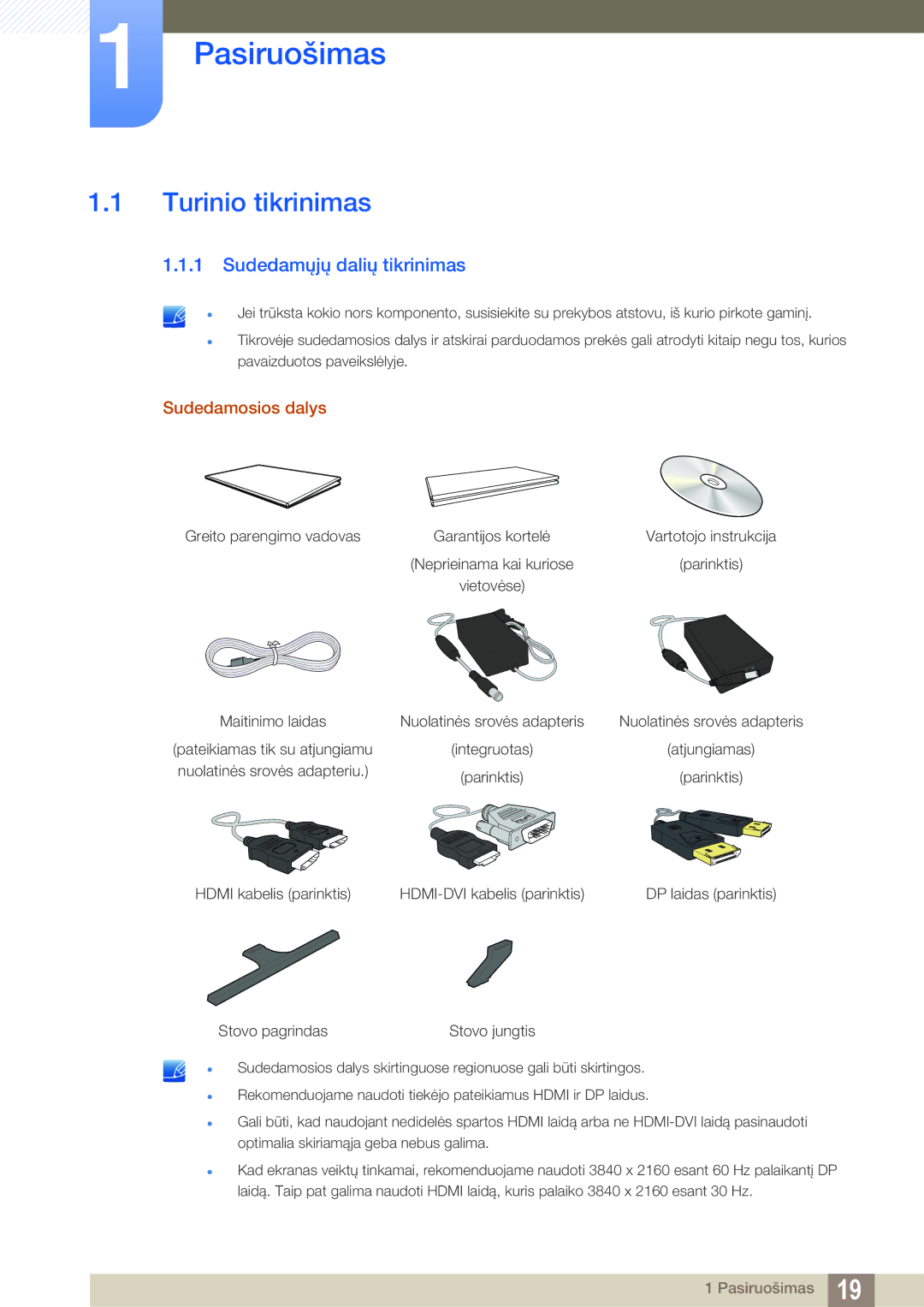 Samsung LU28D590DS/EN manual Pasiruošimas, Turinio tikrinimas, Sudedamųjų dalių tikrinimas 