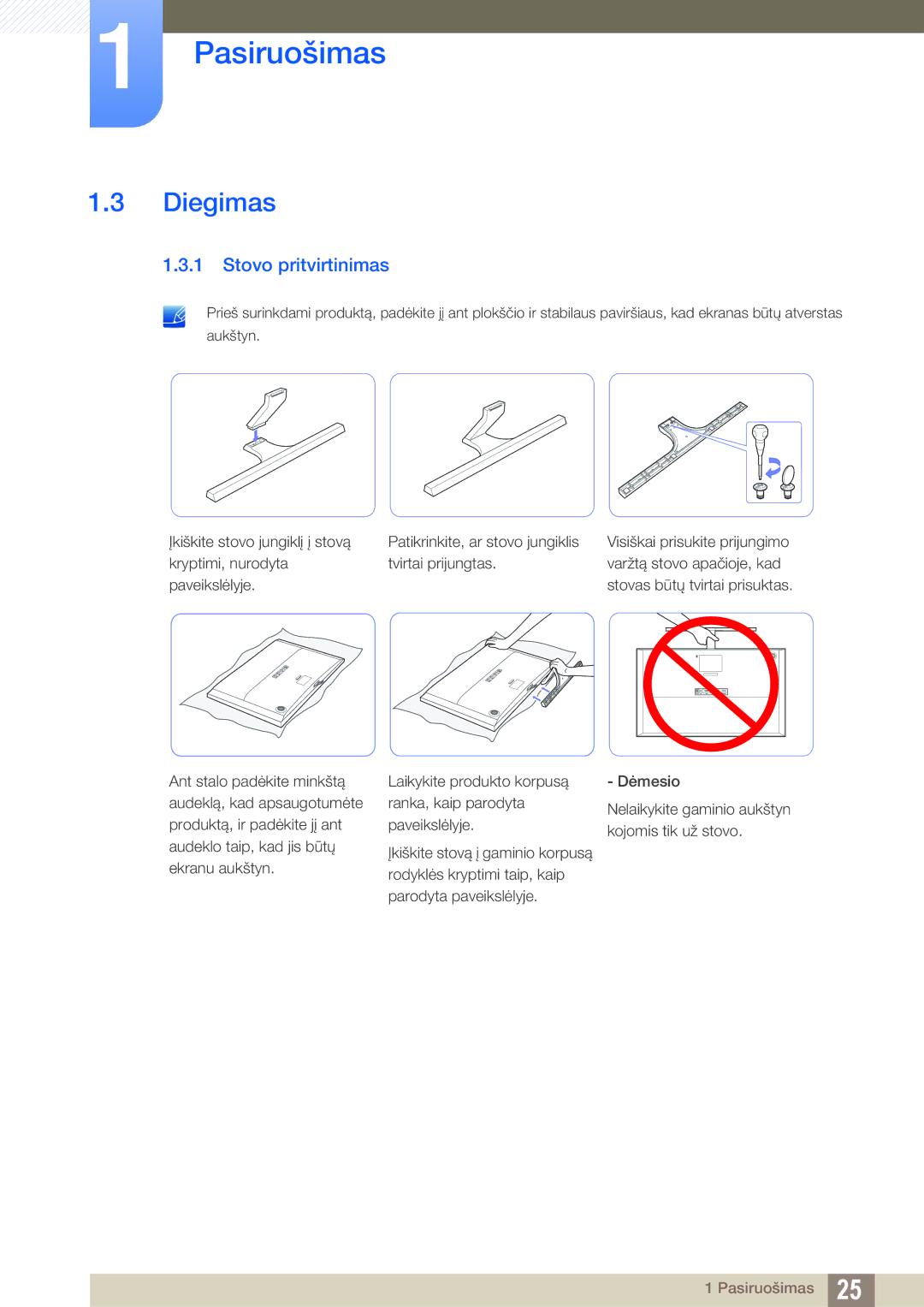 Samsung LU28D590DS/EN manual Diegimas, Stovo pritvirtinimas 