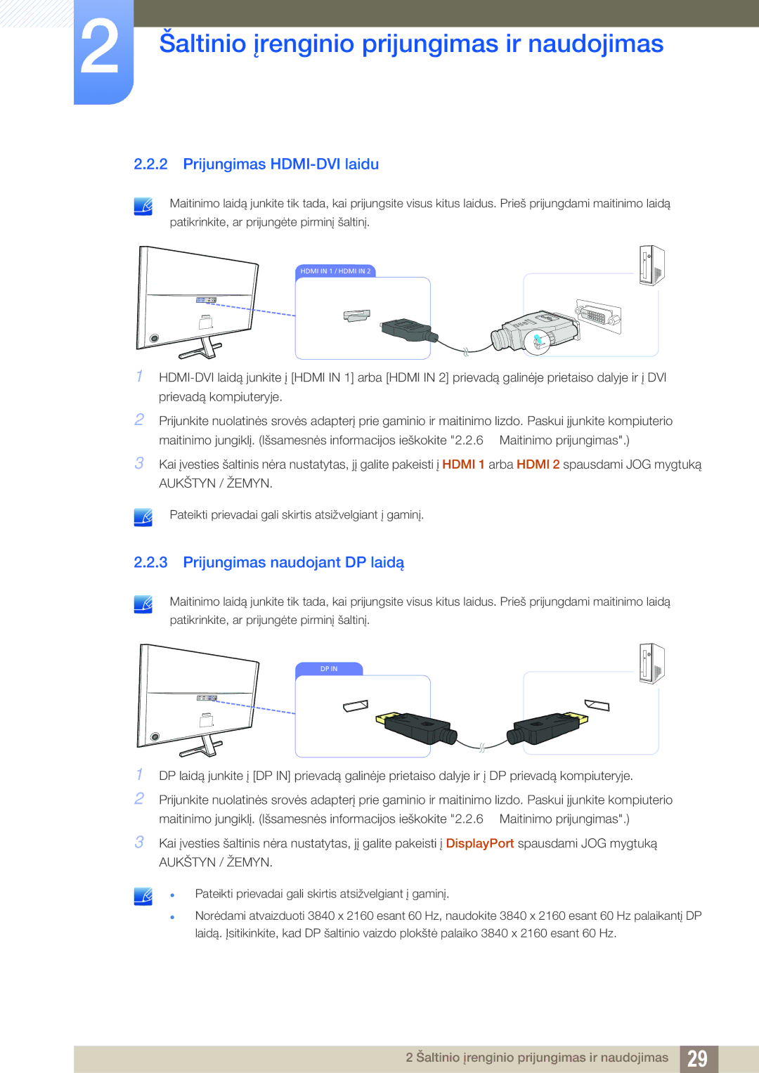 Samsung LU28D590DS/EN manual Prijungimas HDMI-DVI laidu, Prijungimas naudojant DP laidą 