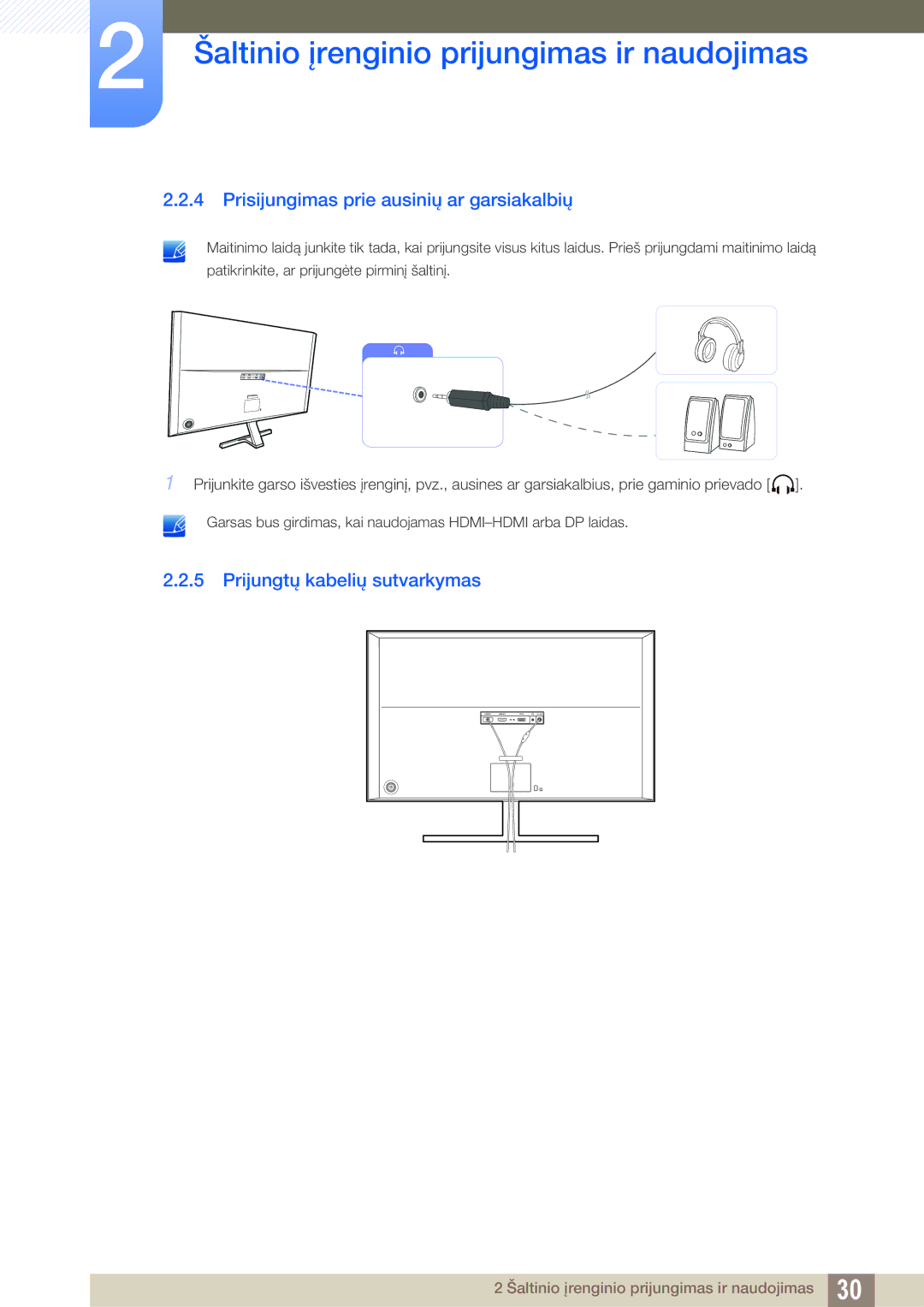 Samsung LU28D590DS/EN manual Prisijungimas prie ausinių ar garsiakalbių, Prijungtų kabelių sutvarkymas 