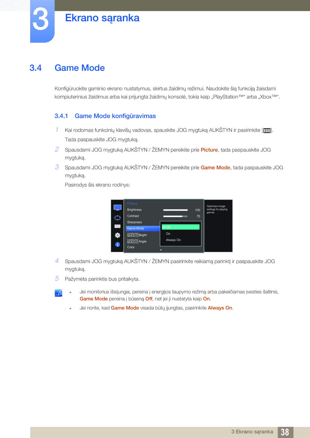 Samsung LU28D590DS/EN manual Game Mode konfigūravimas 