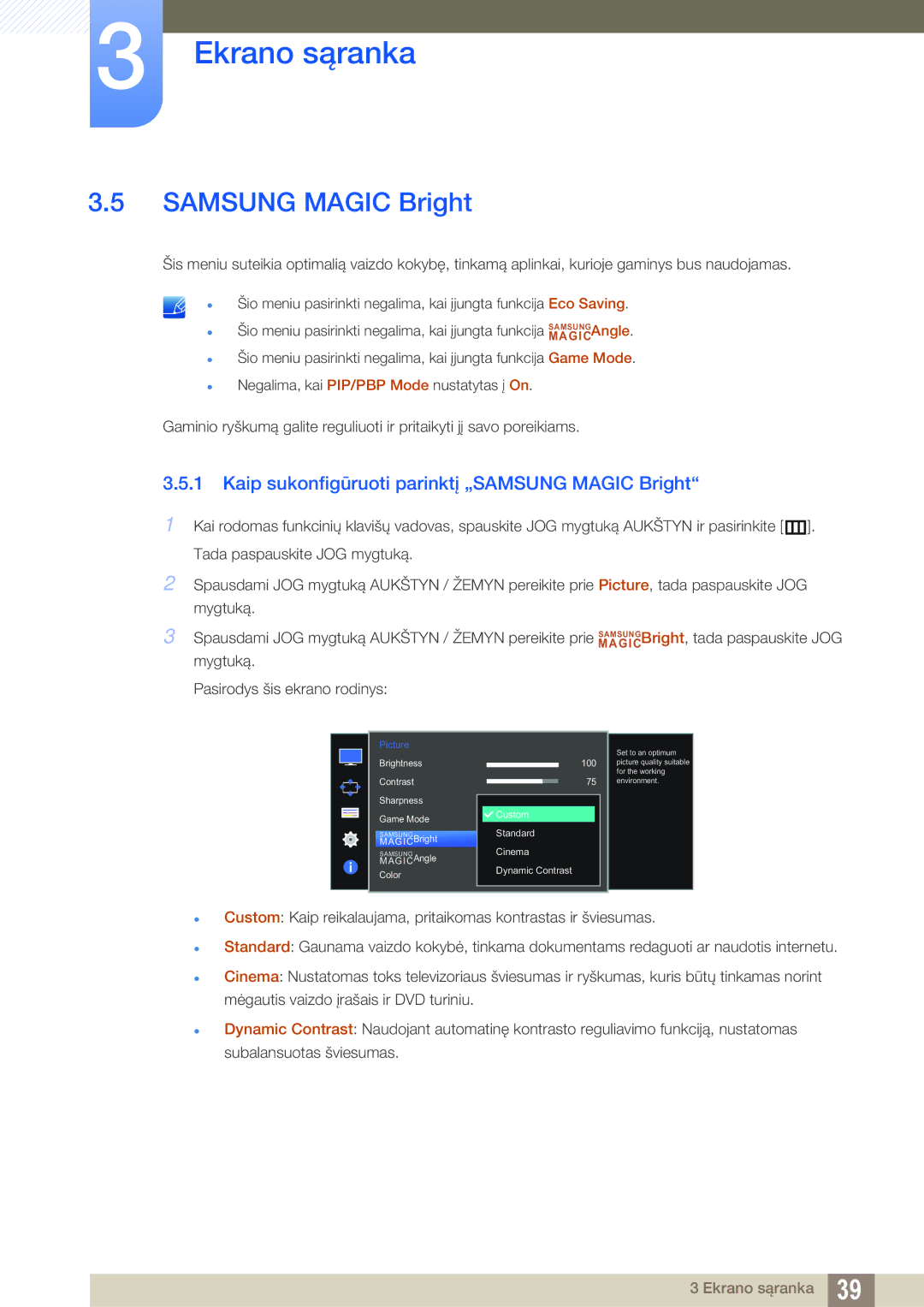 Samsung LU28D590DS/EN manual Samsung Magic Bright, Kaip sukonfigūruoti parinktį „SAMSUNG Magic Bright 