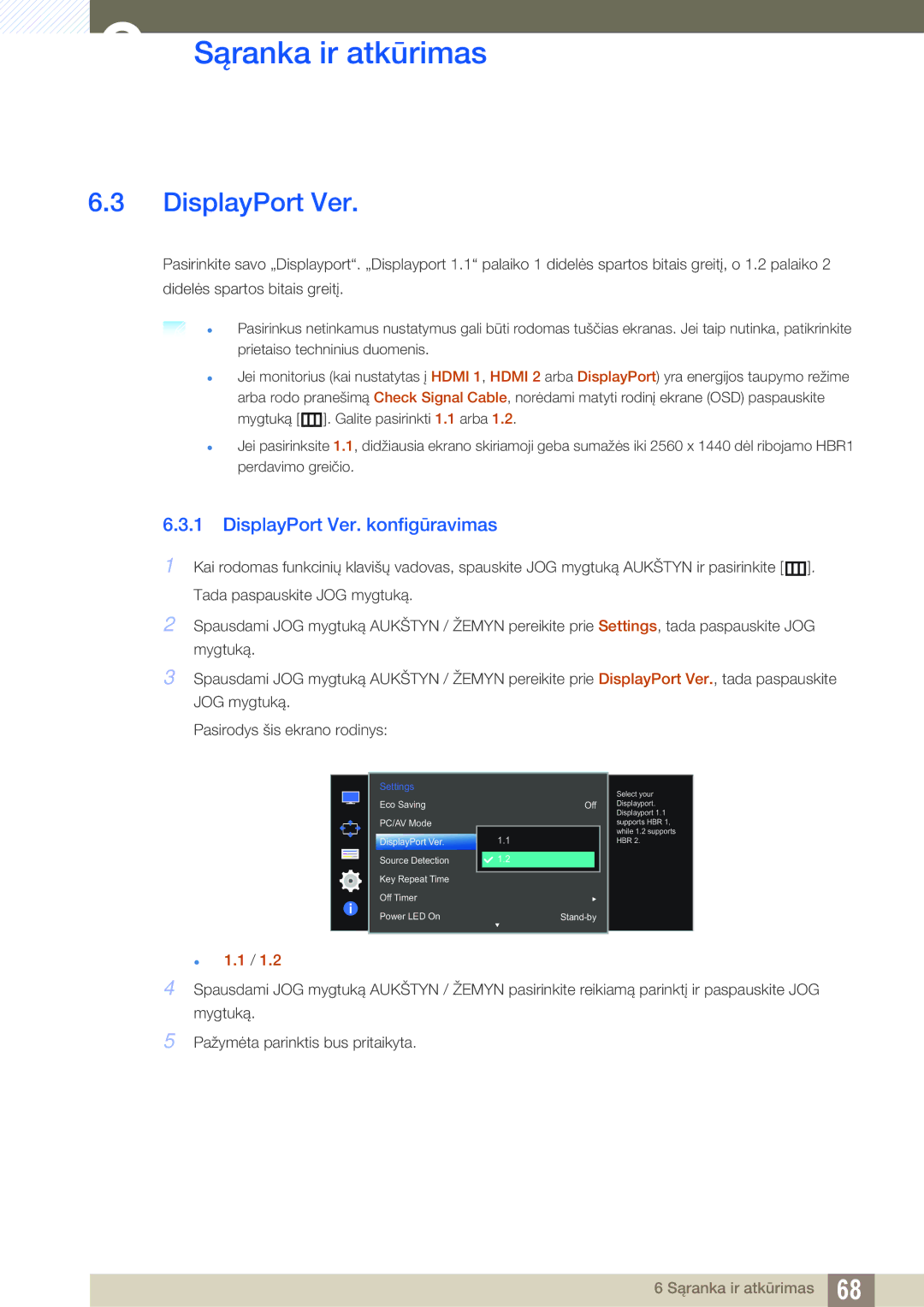 Samsung LU28D590DS/EN manual DisplayPort Ver. konfigūravimas 