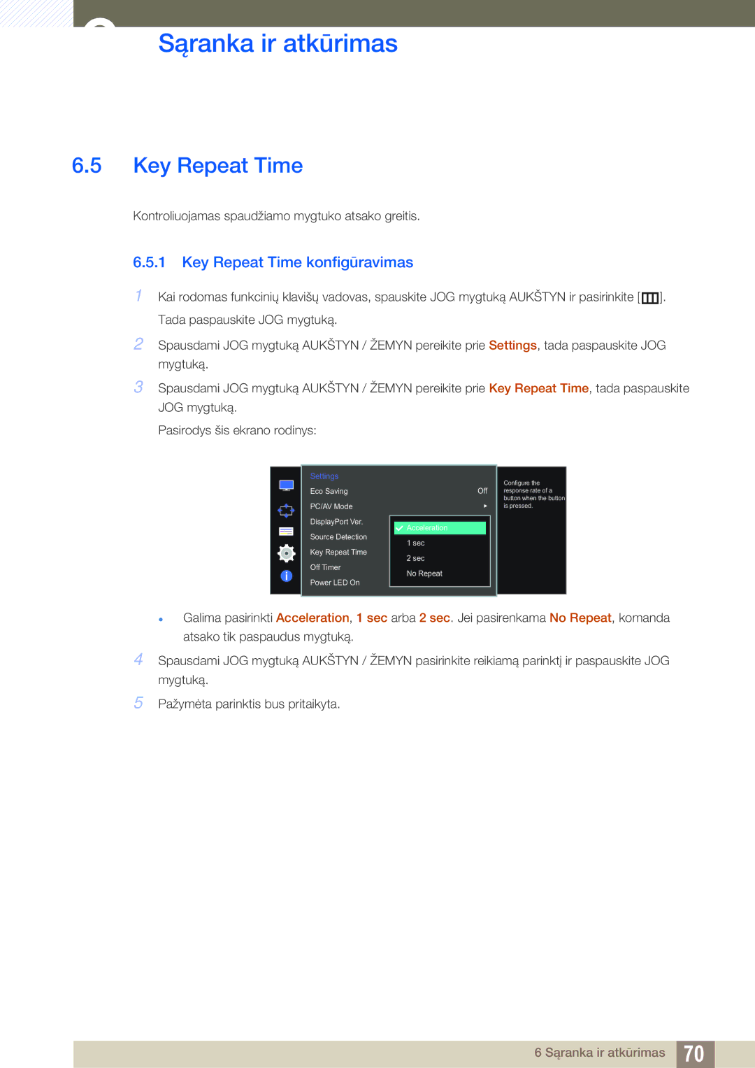 Samsung LU28D590DS/EN manual Key Repeat Time konfigūravimas 