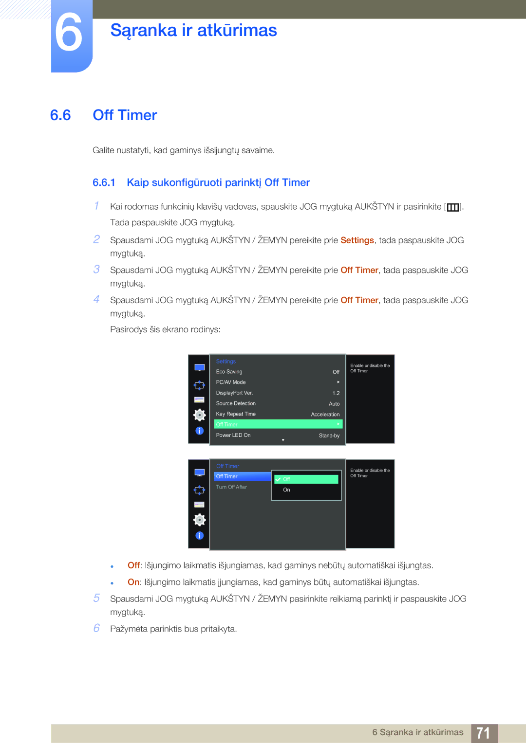 Samsung LU28D590DS/EN manual Kaip sukonfigūruoti parinktį Off Timer 