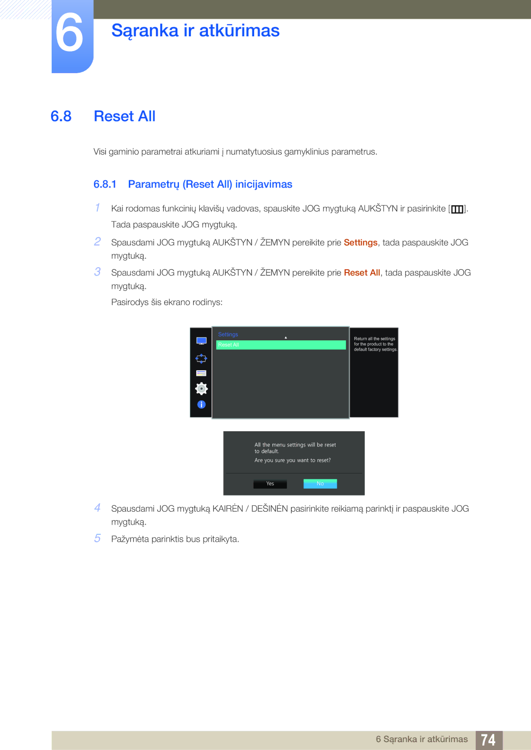 Samsung LU28D590DS/EN manual Parametrų Reset All inicijavimas 