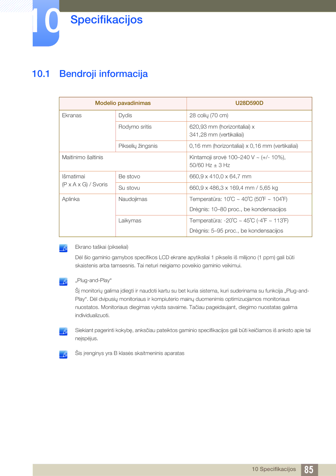 Samsung LU28D590DS/EN manual Specifikacijos, Bendroji informacija 