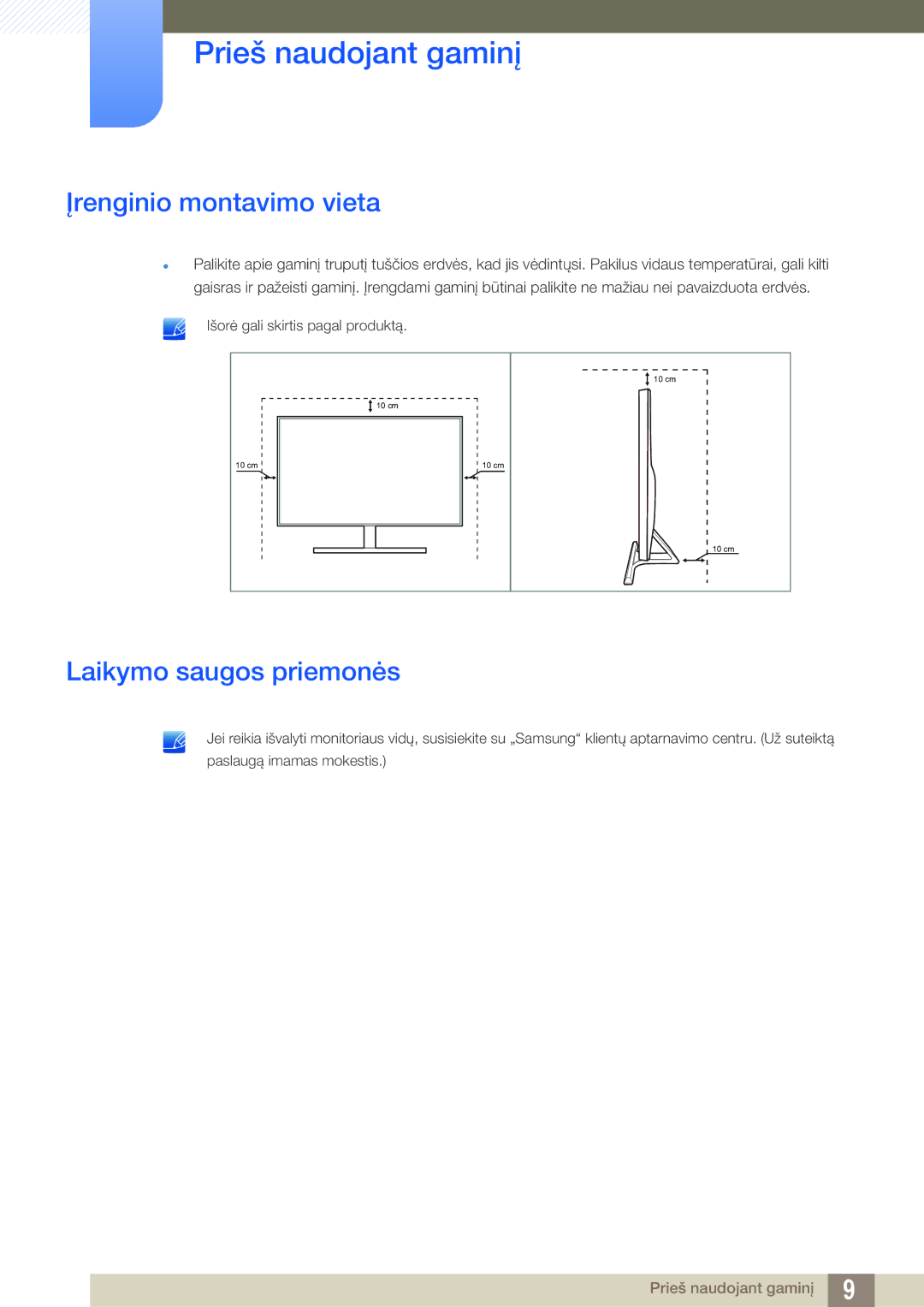 Samsung LU28D590DS/EN manual Įrenginio montavimo vieta, Laikymo saugos priemonės 