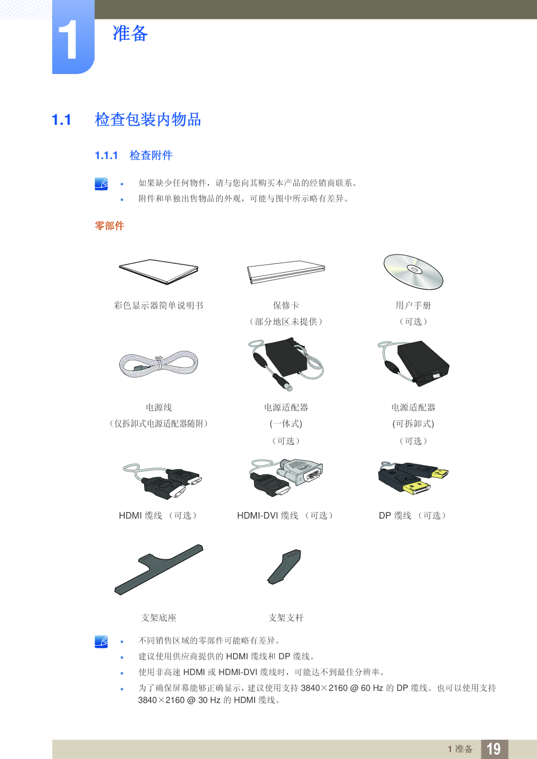 Samsung LU28D590DS/EN manual 检查包装内物品, 1 检查附件 