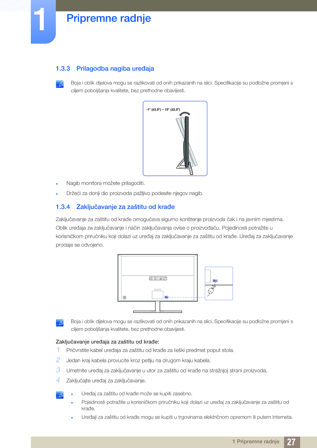 Samsung LU28D590DS/EN manual Prilagodba nagiba uređaja, Zaključavanje za zaštitu od krađe 