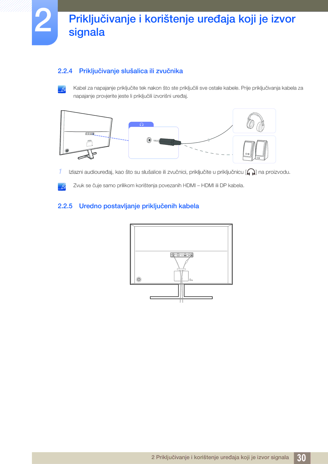 Samsung LU28D590DS/EN manual Priključivanje slušalica ili zvučnika, Uredno postavljanje priključenih kabela 