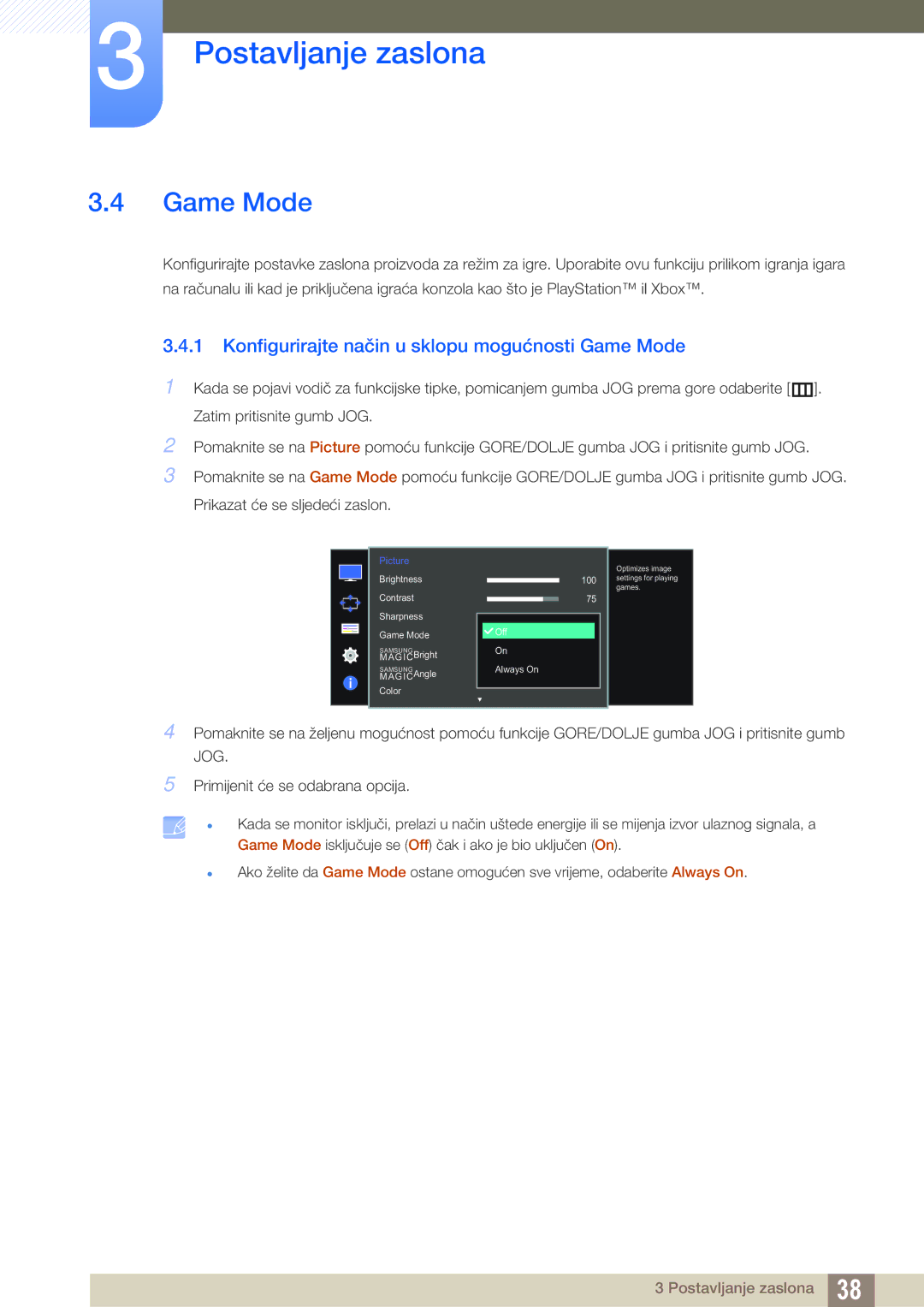 Samsung LU28D590DS/EN manual Konfigurirajte način u sklopu mogućnosti Game Mode 