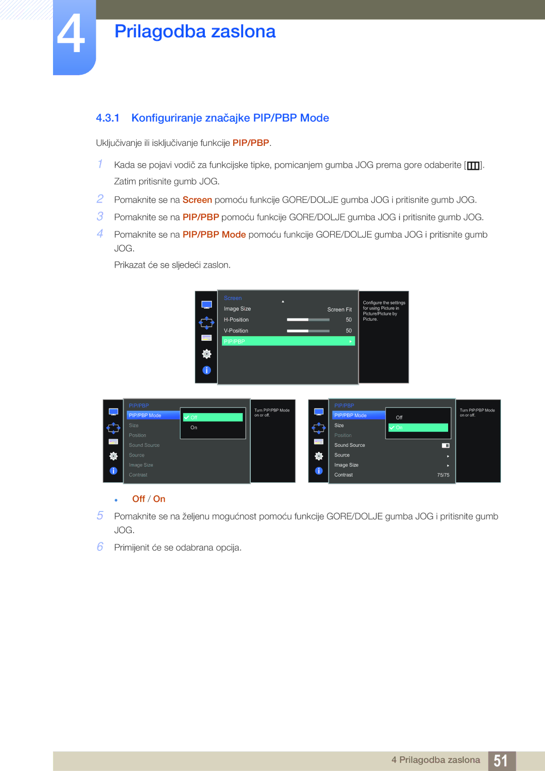 Samsung LU28D590DS/EN manual Konfiguriranje značajke PIP/PBP Mode,  Off / On 