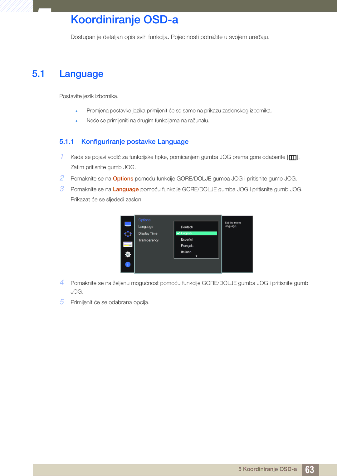 Samsung LU28D590DS/EN manual Koordiniranje OSD-a, Konfiguriranje postavke Language 