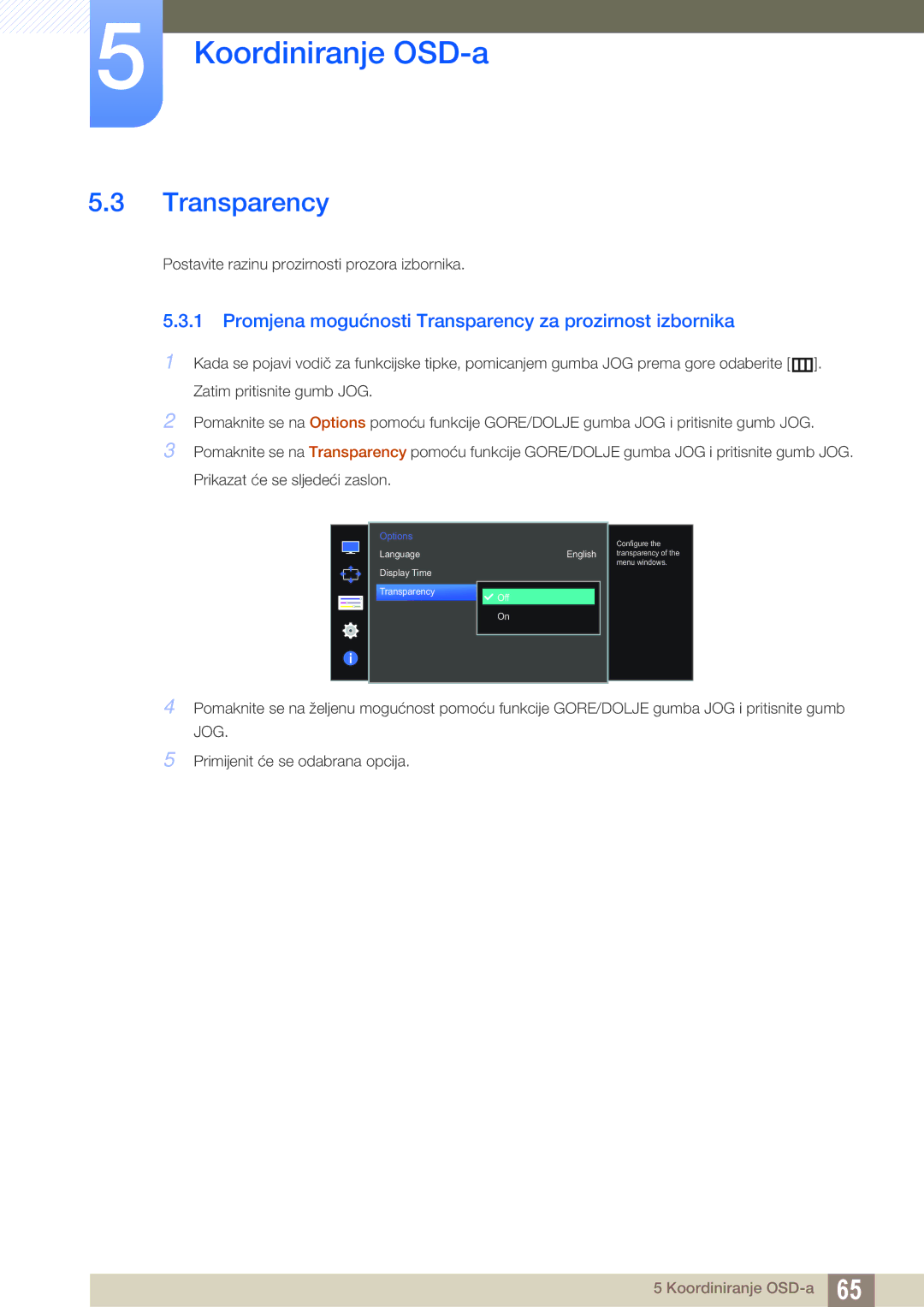 Samsung LU28D590DS/EN manual Promjena mogućnosti Transparency za prozirnost izbornika 