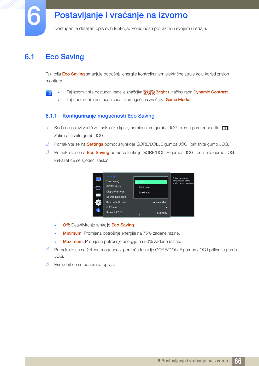 Samsung LU28D590DS/EN manual Postavljanje i vraćanje na izvorno, Konfiguriranje mogućnosti Eco Saving 