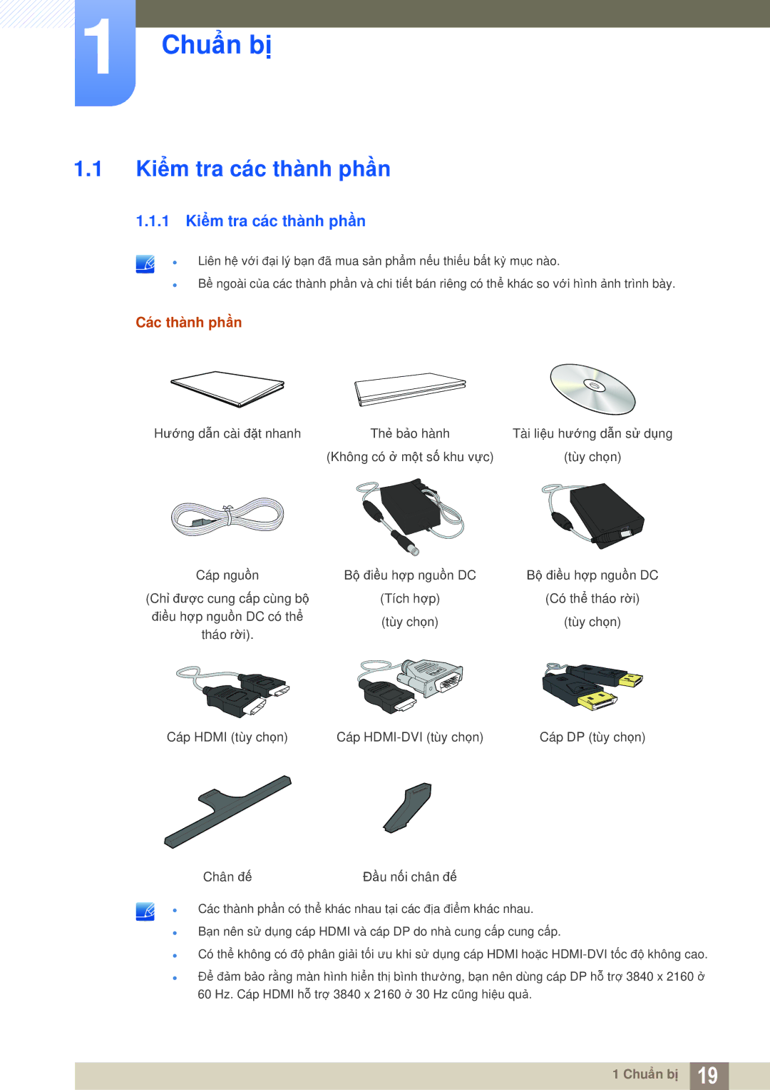 Samsung LU28D590DS/XV, LU28D590DSG/XV manual Chuẩn bị, 1 Kiểm tra các thành phần 