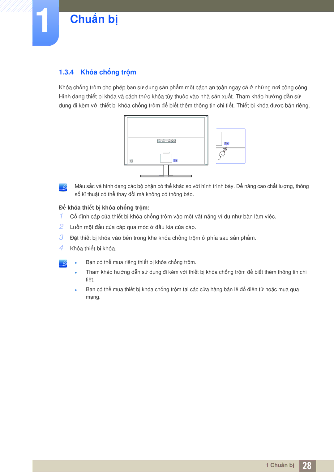 Samsung LU28D590DSG/XV, LU28D590DS/XV manual 4 Khóa chống trộm, Để khóa thiết bị khóa chống trộm 