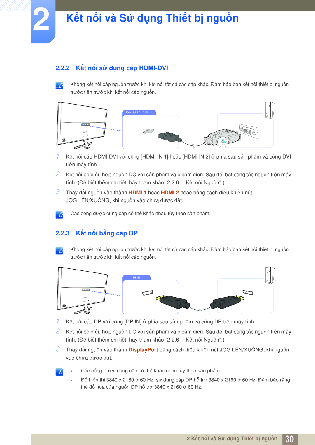 Samsung LU28D590DSG/XV, LU28D590DS/XV manual 2 Kết nối sử dụng cáp HDMI-DVI, 3 Kết nối bằng cáp DP 