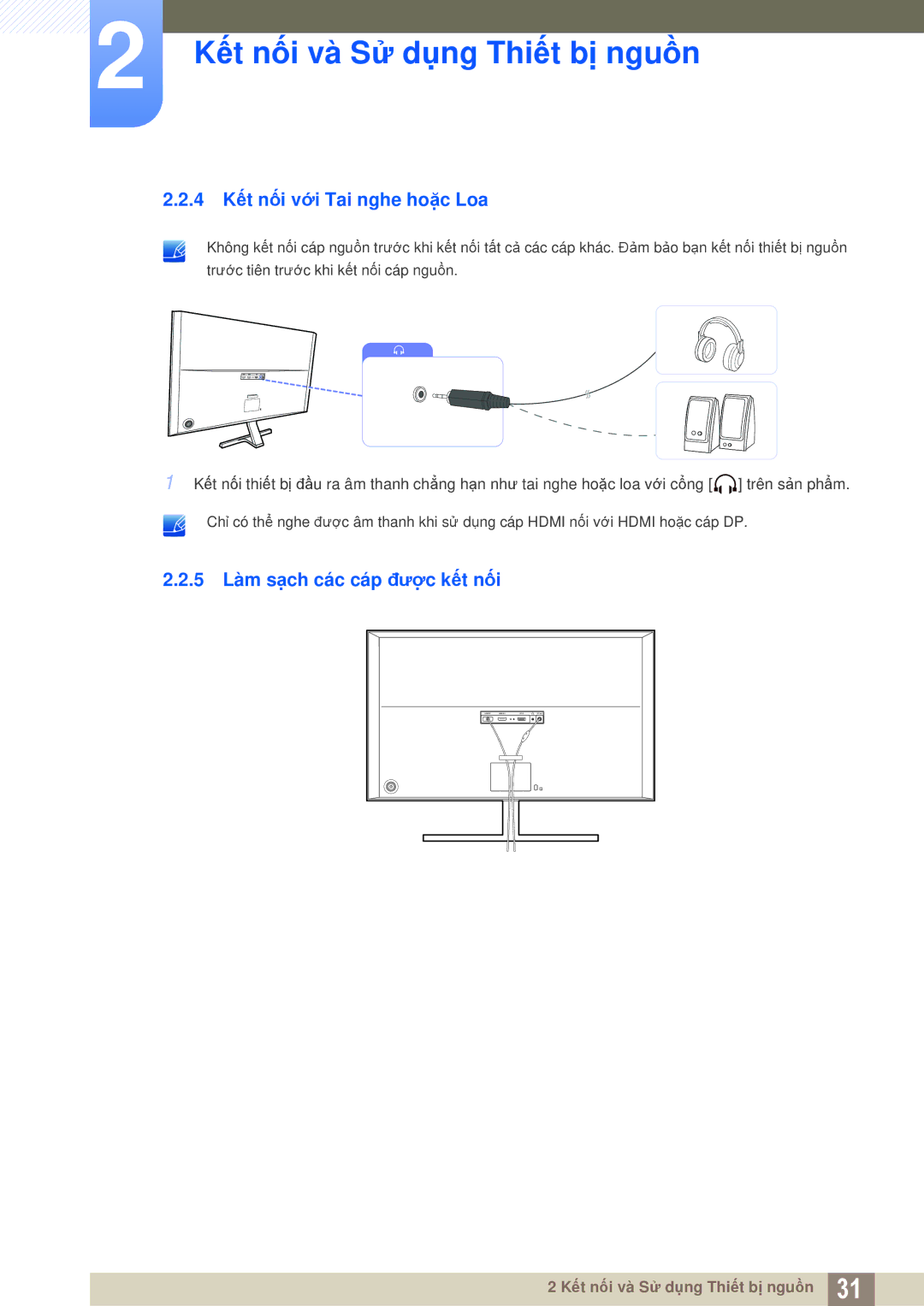 Samsung LU28D590DS/XV, LU28D590DSG/XV manual 4 Kết nối với Tai nghe hoặc Loa, 5 Làm sạch các cáp được kết nối 