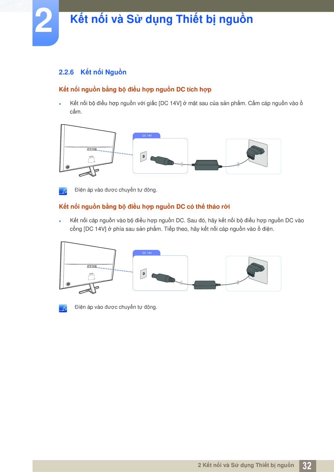 Samsung LU28D590DSG/XV, LU28D590DS/XV manual 6 Kết nối Nguồn, Kết nối nguồn bằng bộ điều hợp nguồn DC tích hợp 