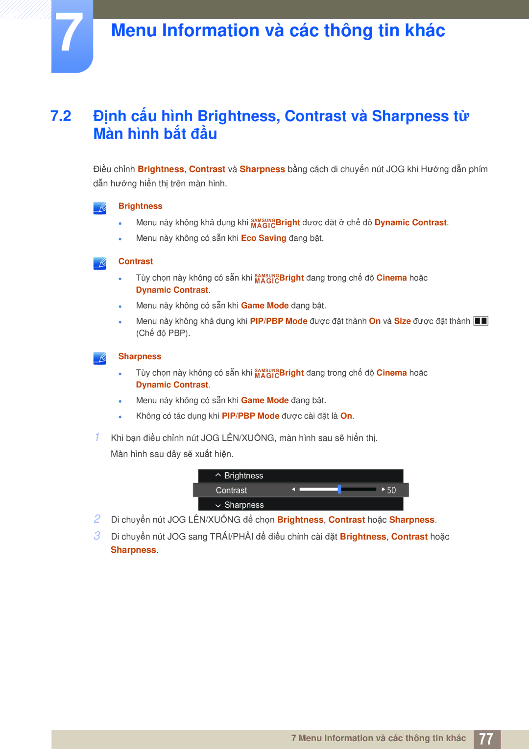Samsung LU28D590DS/XV, LU28D590DSG/XV manual Brightness, Đặt ở chế độ Dynamic Contrast, Sharpness 