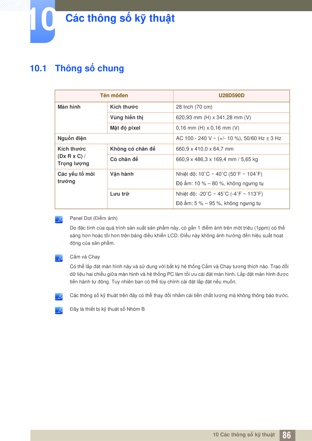 Samsung LU28D590DSG/XV, LU28D590DS/XV manual 10 Các thông số kỹ thuật, 10.1 Thông số chung 