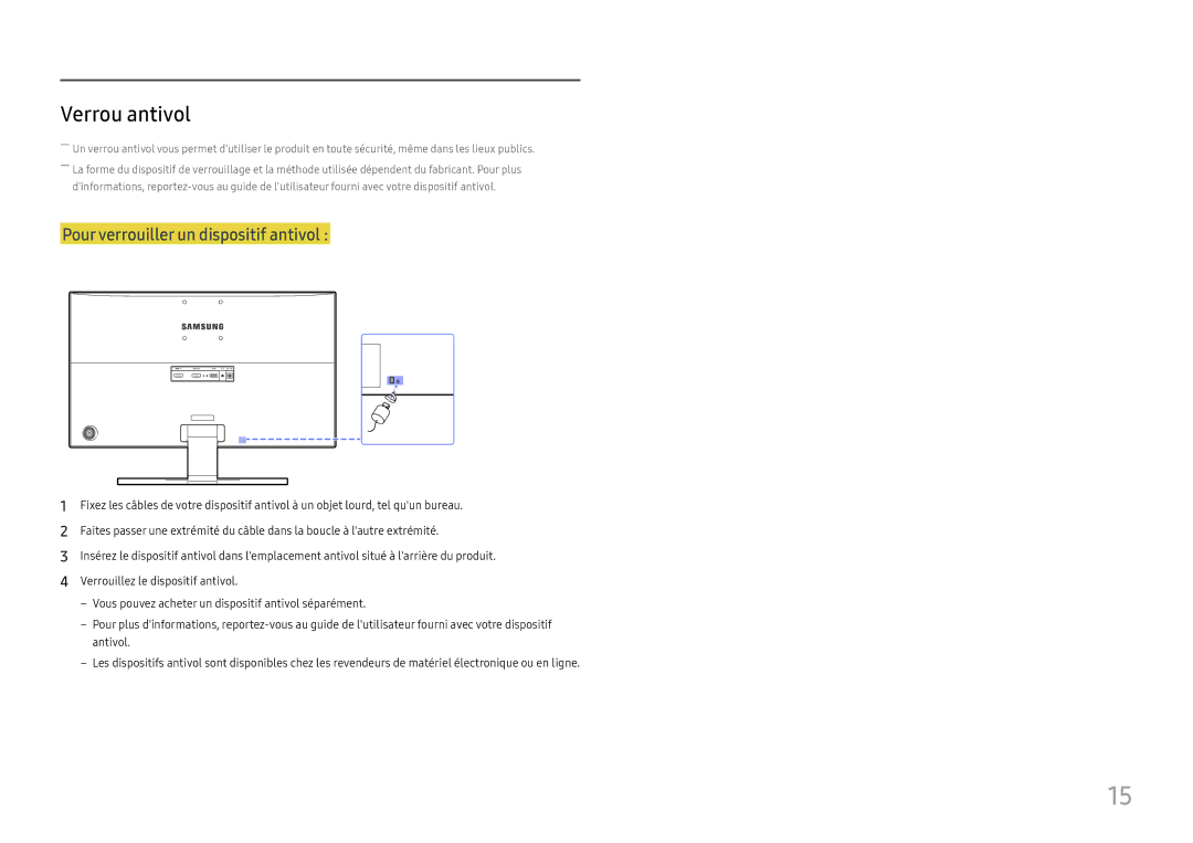 Samsung LU28E570DS/EN manual Verrou antivol, Pour verrouiller un dispositif antivol 