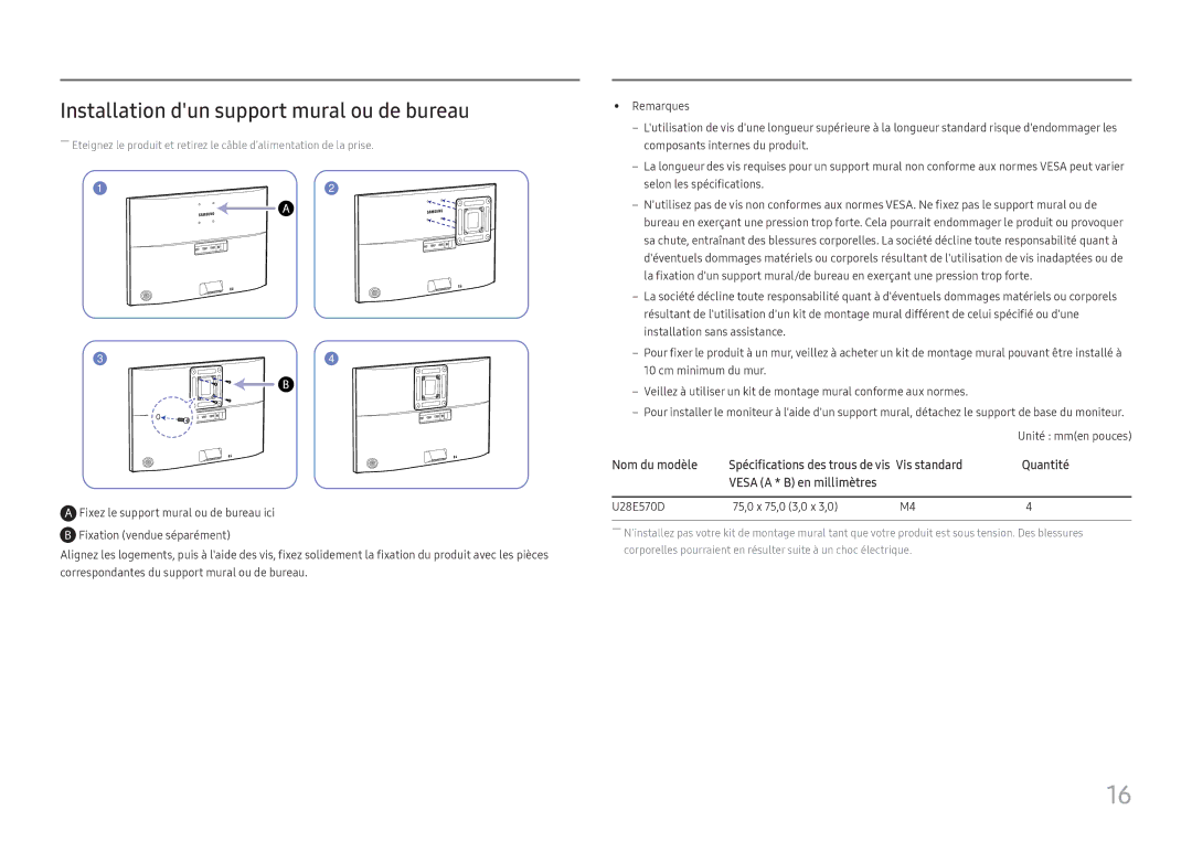 Samsung LU28E570DS/EN manual Installation dun support mural ou de bureau 